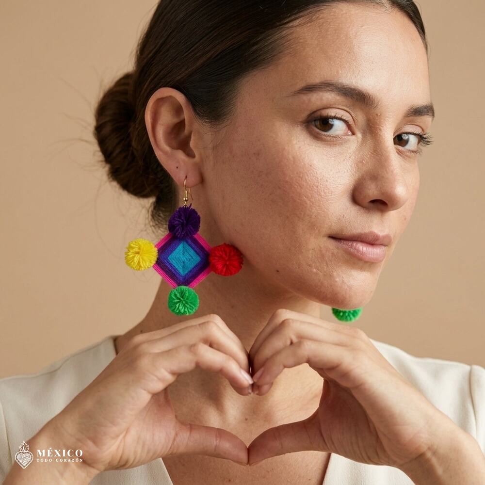 Mexican Diamond Earrings – Handmade Multicolor Yarn & Wood Pom Pom Jewelry
